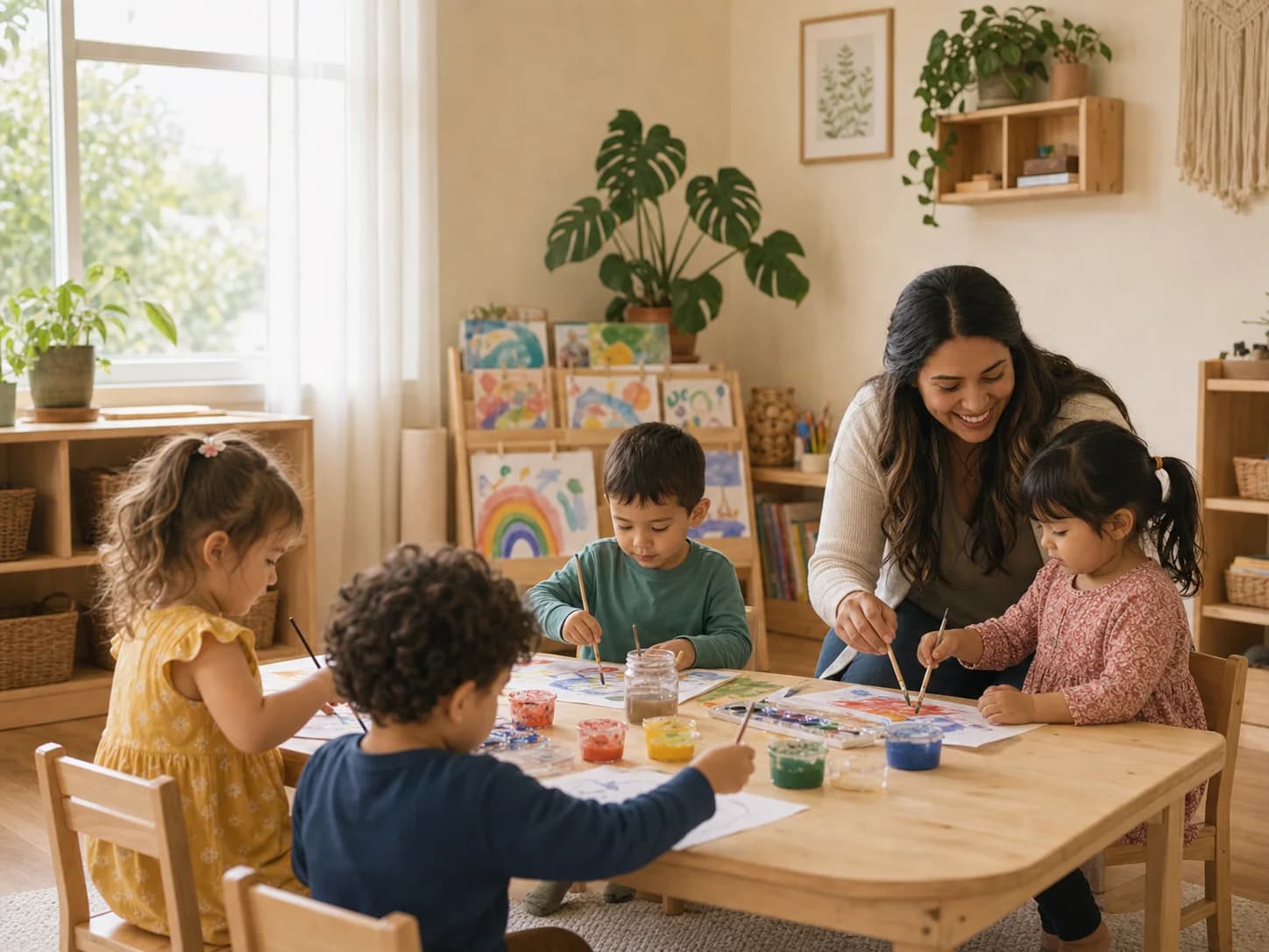 Preschool-aged children creating art together at a child-sized table