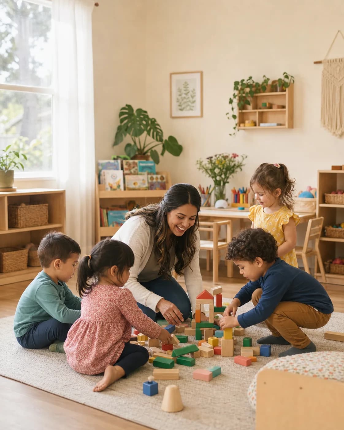 A childcare provider playing with a small group of children in a bright home daycare